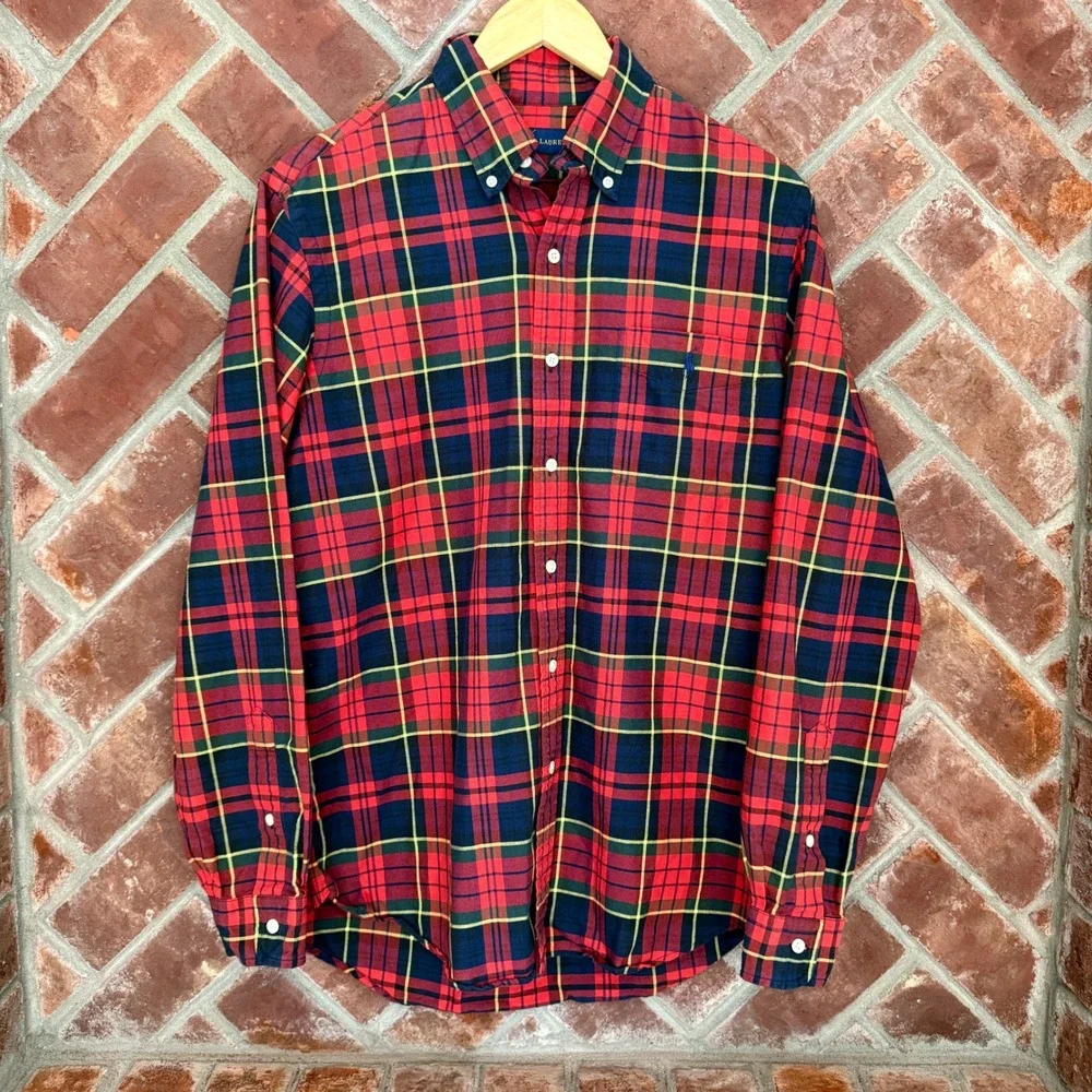Ralph Lauren Button Down Shirt Mens Medium Red Plaid Long Sleeve Pony Logo